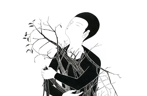 Person die einen Baum umarmt. Der Baum und die Person halten sich dabei. Person schaut auf, während der Baum Äste wirft und Blätter wachsen läßt.