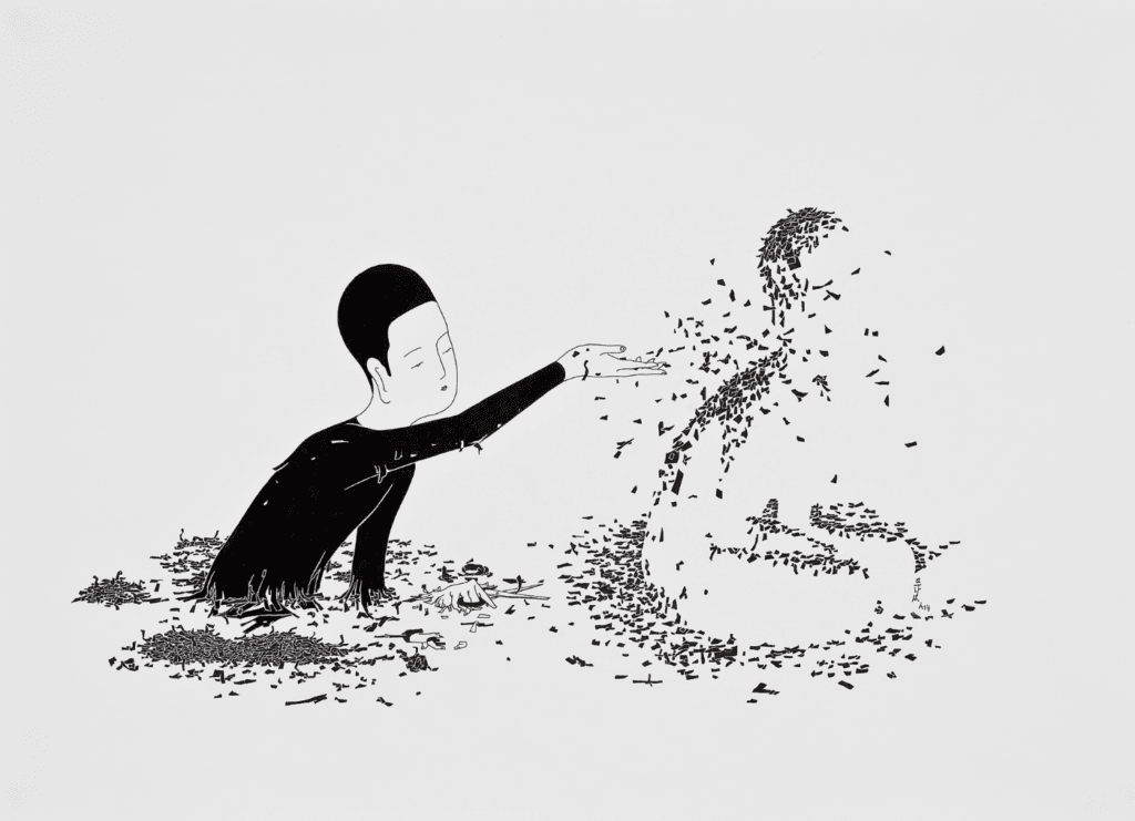 Bleistiftzeichnung vom koreanischem Künstler Moonassi. Eine Person hebt sich aus der Erde hervor und kreiert eine neue Person aus kleinen Teilen. Diese sitzt , man sieht sie nur anhand der kleinen Teile die dazu kommen und den Umriß der neuen Person bildet. Zeichnung in schwarz weiß