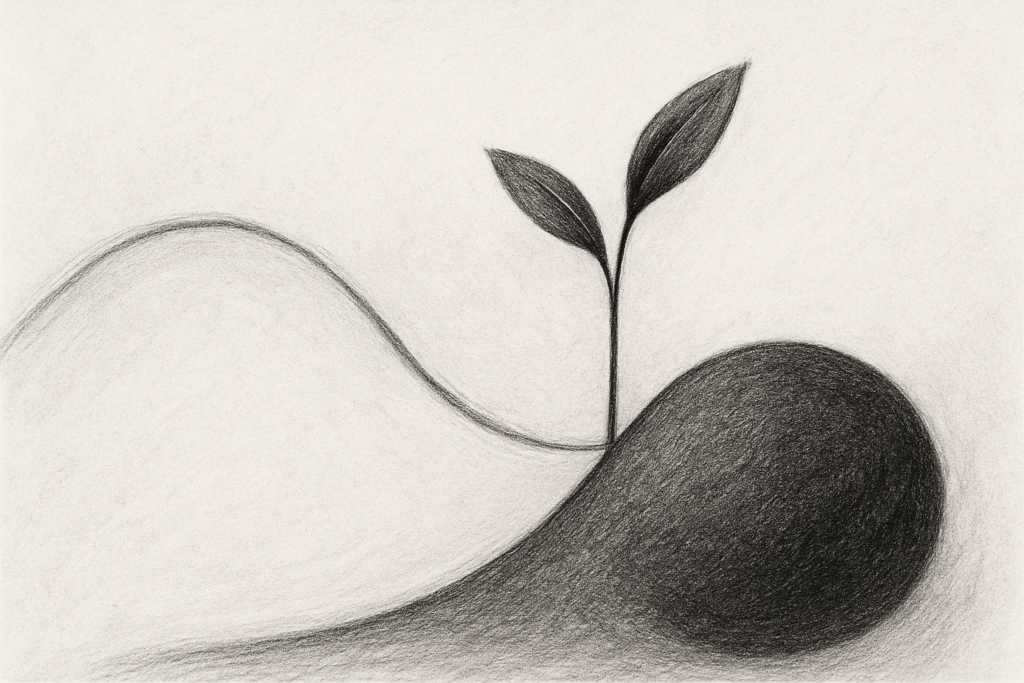 Minimalistische Bleistiftzeichnung: Ein zarter Pflanzenspross wächst aus dunklem Boden, Symbol für Heilung, Entwicklung und innere Stärke.