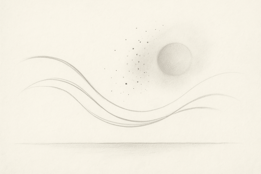 Minimalistische Bleistiftzeichnung mit fließenden Linien, Punkten und einer schattierten Kugel auf hellem Grund – abstrakte Darstellung von Halt, Verlust und neuer Verbindung in der NARM-Perspektive.