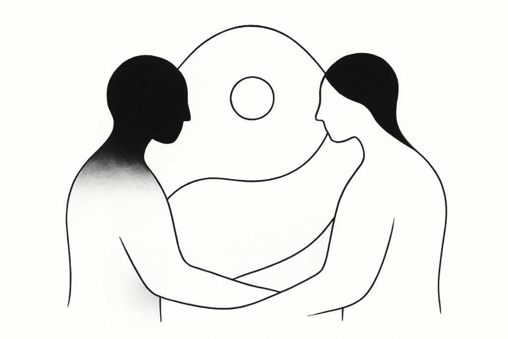 Minimalistische schwarz-weiße Illustration: Zwei abstrakte Figuren wenden sich einander zu, feine Linien verbinden sie. Ein heller Kreis dazwischen symbolisiert Nähe, Distanz und Lebendigkeit.