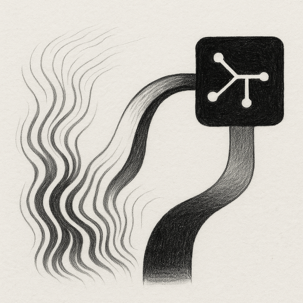 Minimalistische schwarz-weiße Illustration: Abstrakte Linien fließen und verzweigen sich, symbolisieren Veränderung, Verbindung und Transformation.