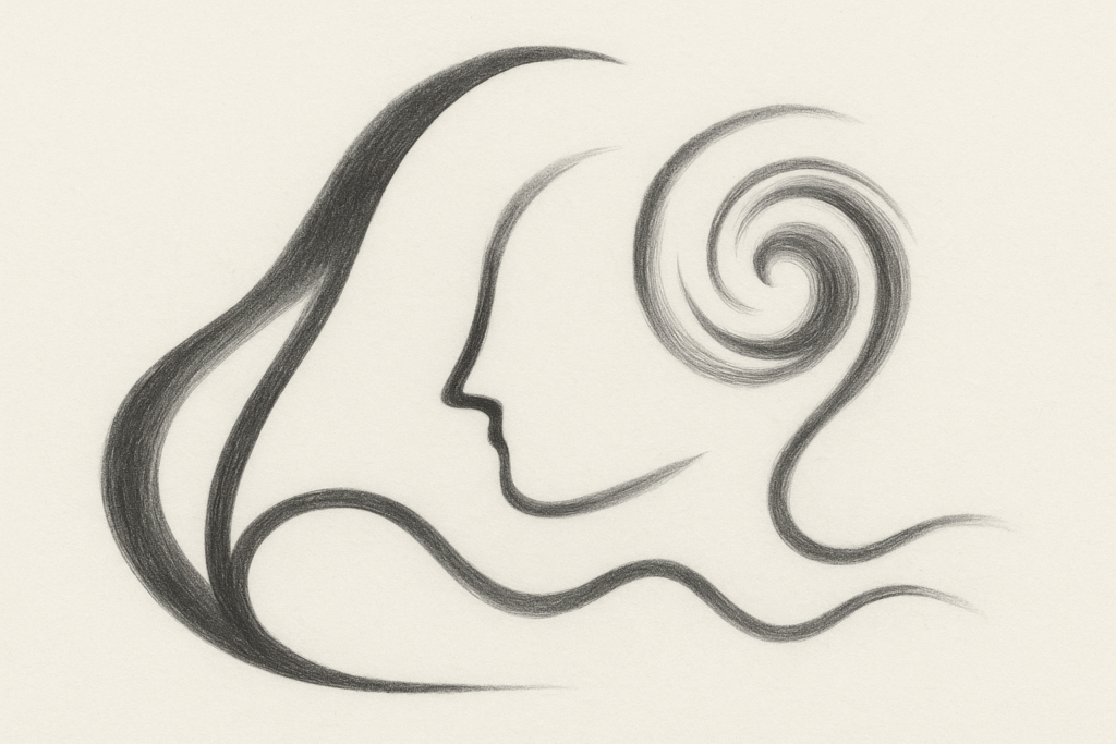 Minimalistische abstrakte Schwarz-Weiß-Illustration im Moonassi-Stil; dynamische Linien und Schattierungen symbolisieren Lebendigkeit, Energie und Verbindung zwischen Mensch und KI, ohne figürliche Darstellung.