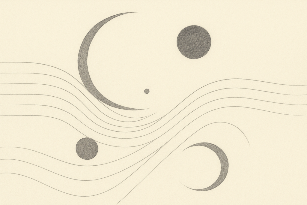 Minimalistisches Schwarz-Weiß-Bild: fließende Linien und Kreise symbolisieren Verbindung und Spiritualität, zart gezeichnet mit Bleistift, inspiriert vom Moonassi-Stil.